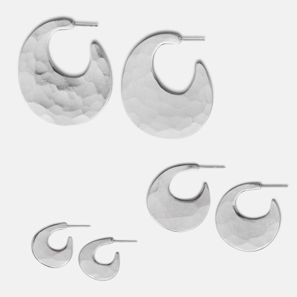 Lunar Crescent Hammered Shiny Silver Hoop Earrings
